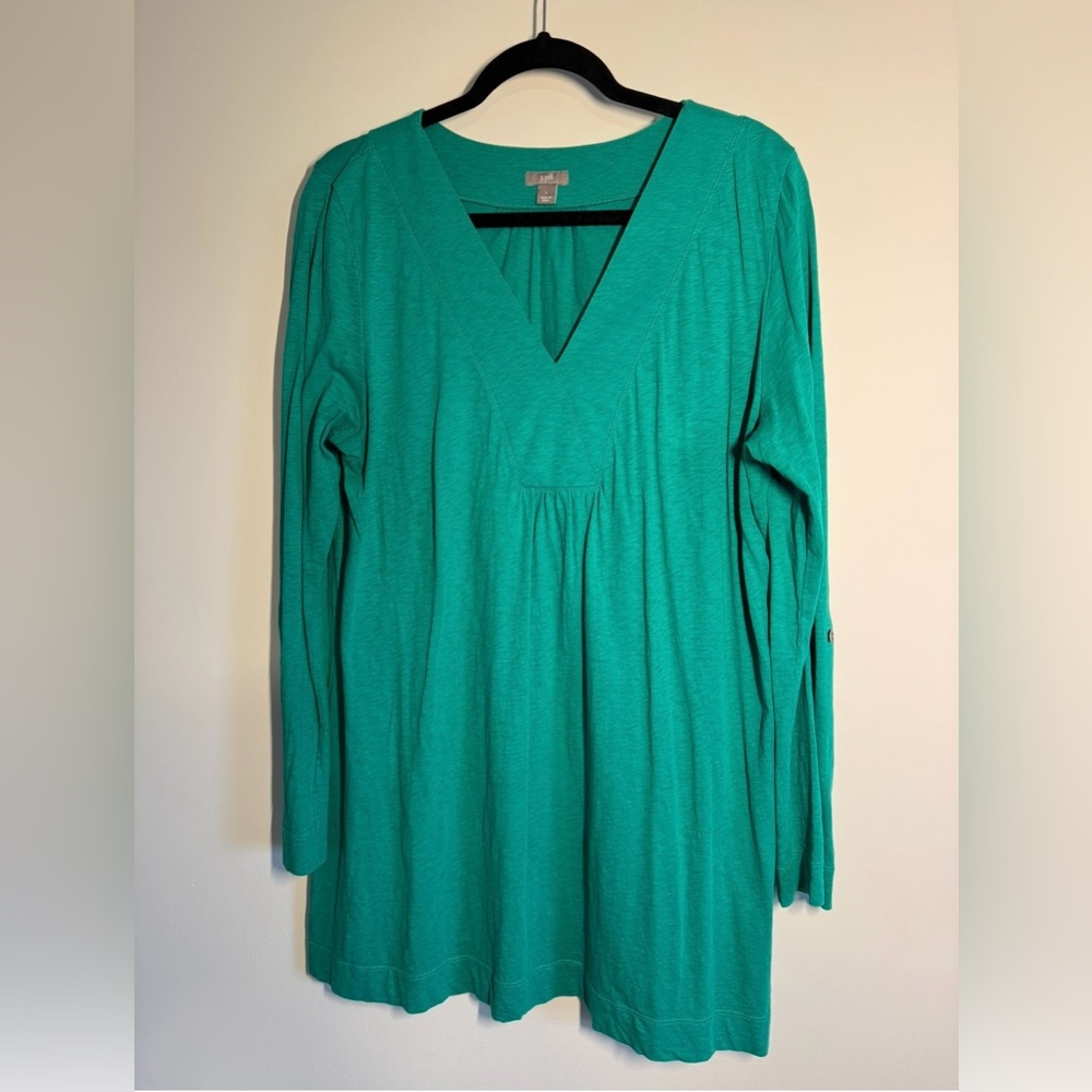 J Jill Turquoise V-Neck A-line Women's Top L 100% Cotton Long Sleeve 3/4 Sleeve